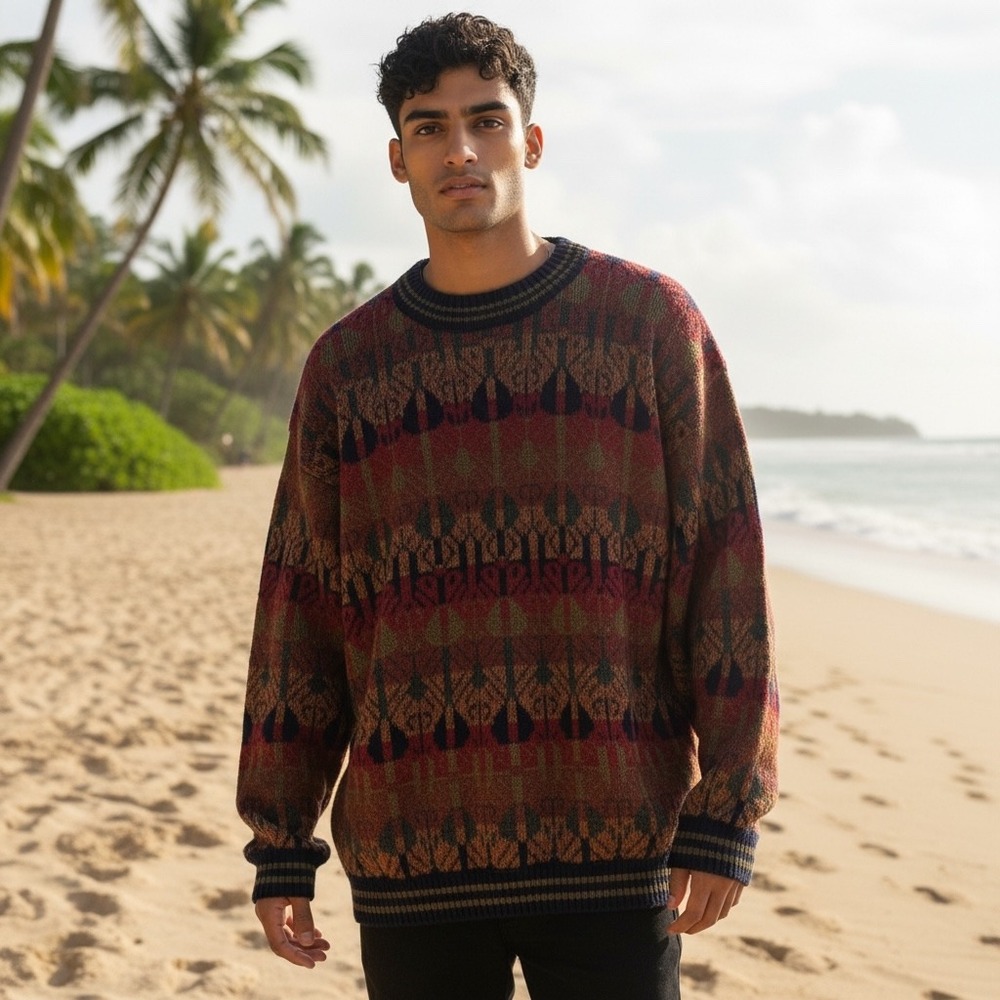 JOEL PERUVIAN Hand Craft 100 Baby Alpaca Geometric Pattern Crew Neck Sweater
